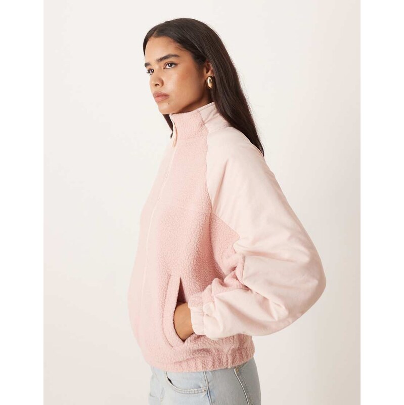ASOS DESIGN zip through fleece with nylon detail in tonal pink 109541894