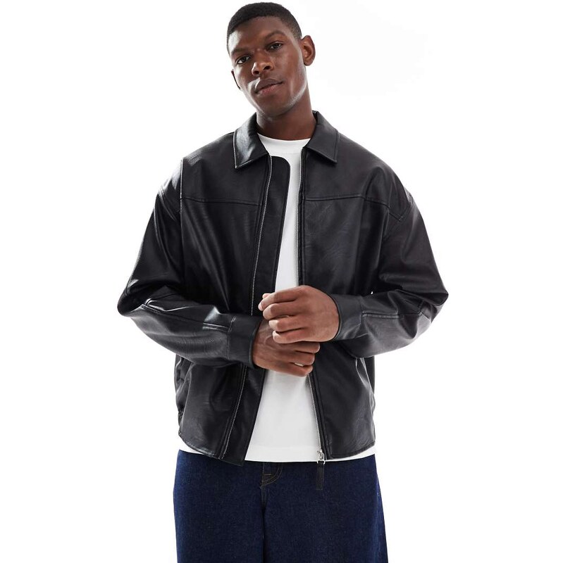 ASOS DESIGN faux leather bomber jacket in black