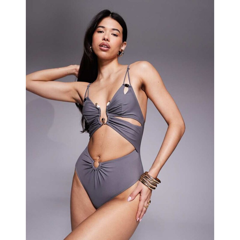 ASOS DESIGN Lucie plunge swimsuit with cut out and resin trim in