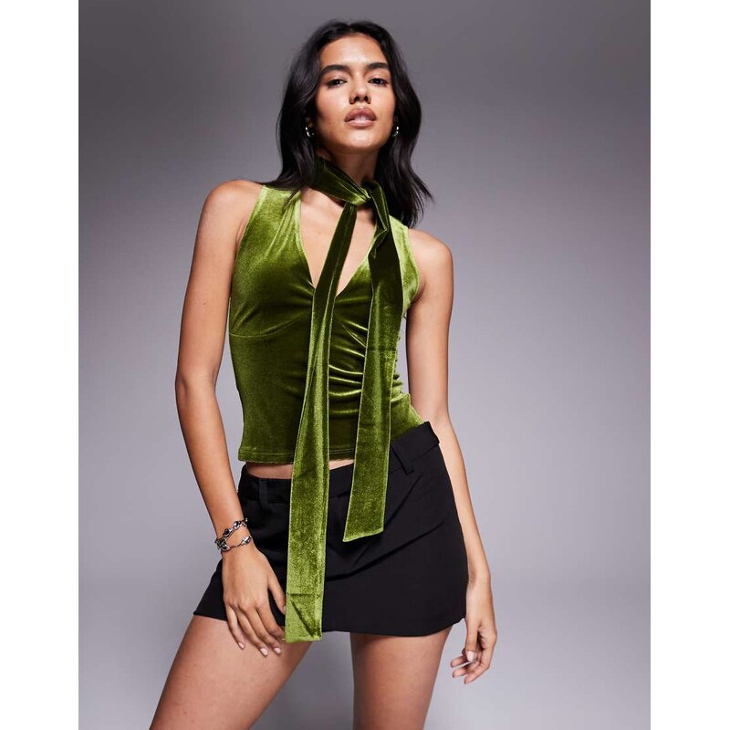 ASOS DESIGN velvet scarf detail v-neck top in olive-Green