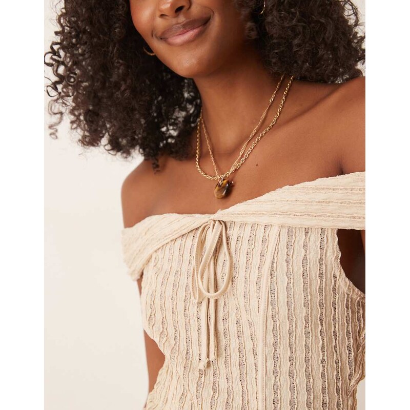 ASOS DESIGN textured bardot top with tie detail in stone-Neutral