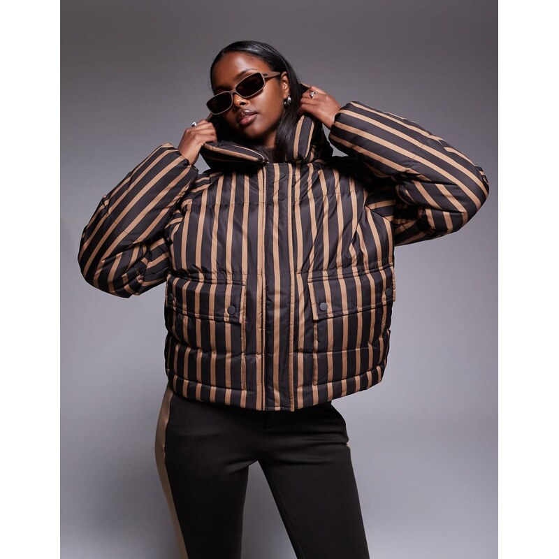 Threadbare Ski stripe puffer coat with hood in brown and camel 109614630