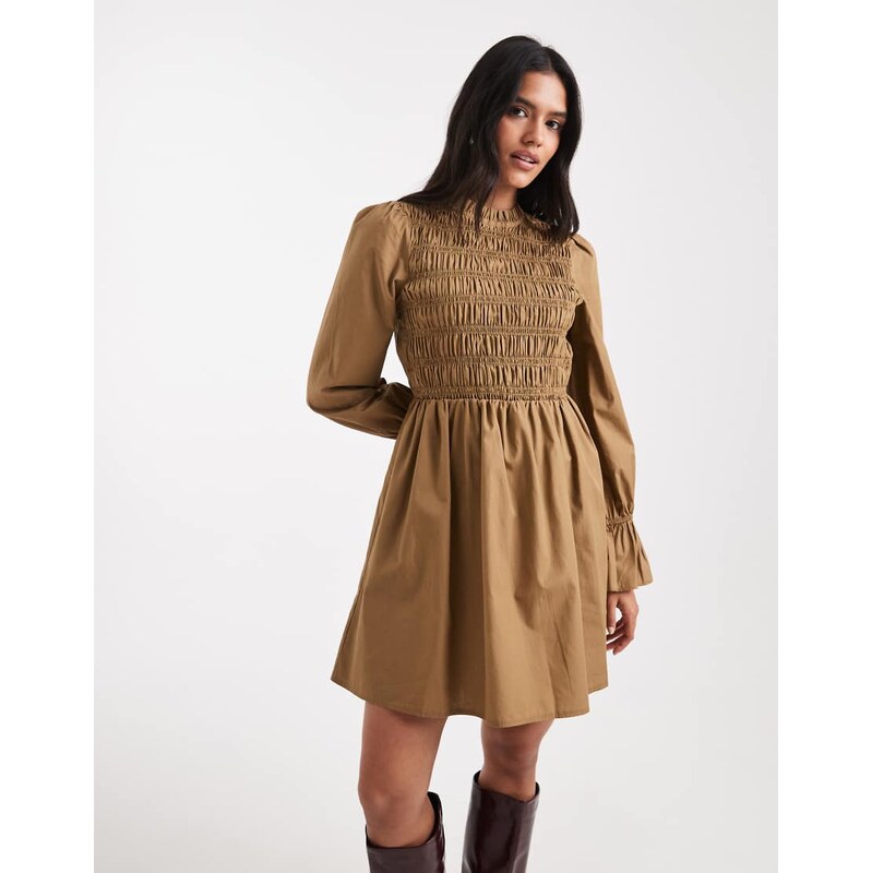 New Look shirred bodice mini dress in brown
