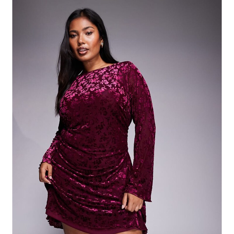 New Look Plus New Look Curve flocked mini dress in burgundy-Red
