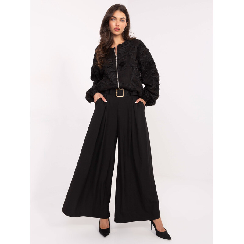 BASIC Černé dámské viskózové elegantní široké kalhoty s páskem -black 109534694