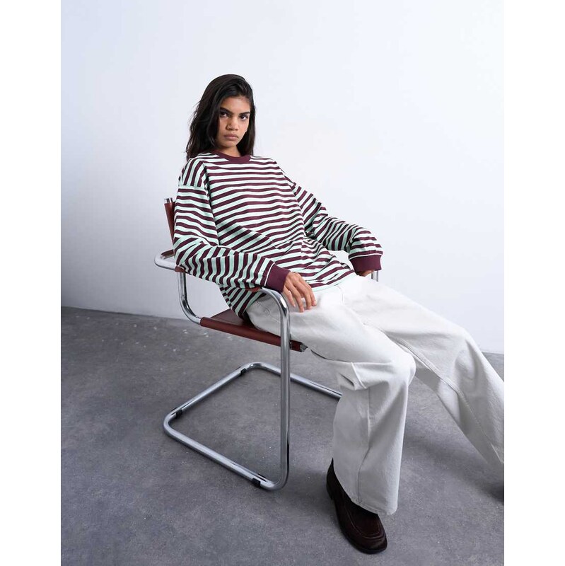 Topshop stripe long sleeve slouchy skater tee in mint and burgundy 109541607