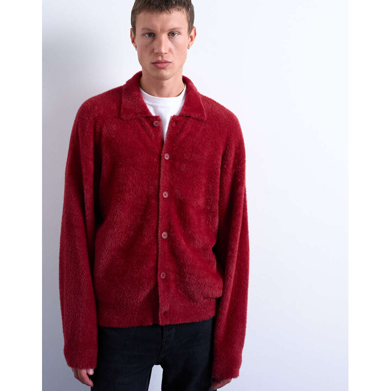 Topman fluffy knit cardigan in burgundy-Red