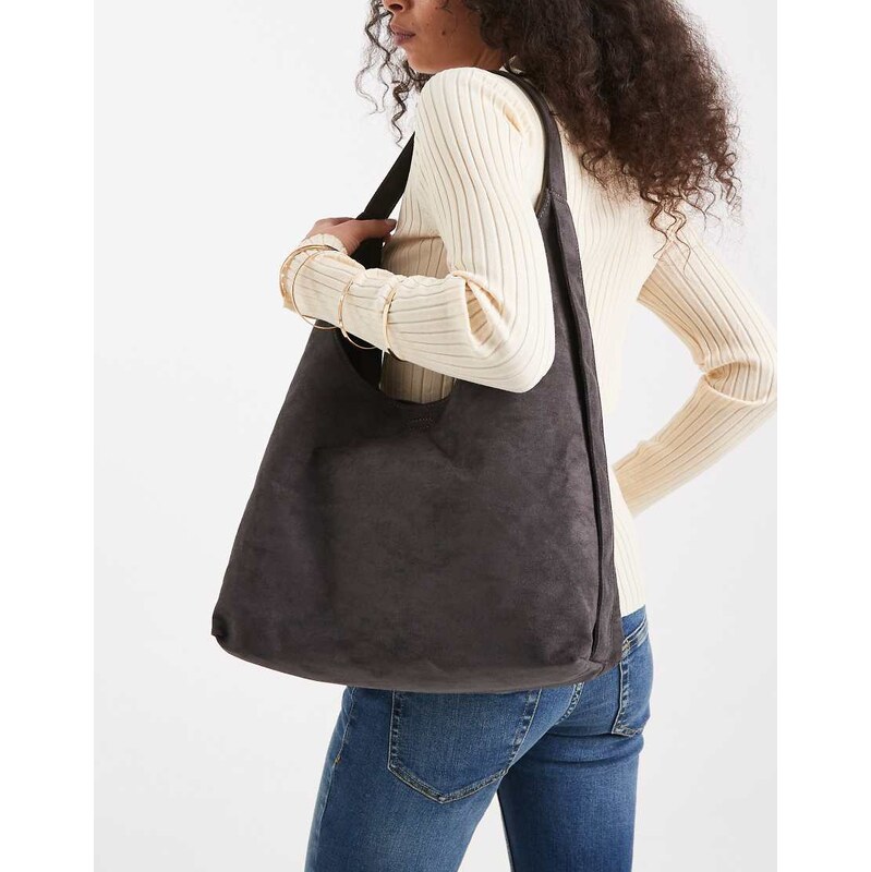 PASQ faux suede slouch tote bag with strap detail in grey 109541668