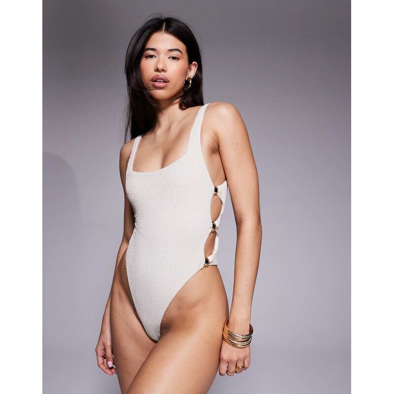 ASOS DESIGN Winter crinkle cut out swimsuit with hardware in metallic 115514164