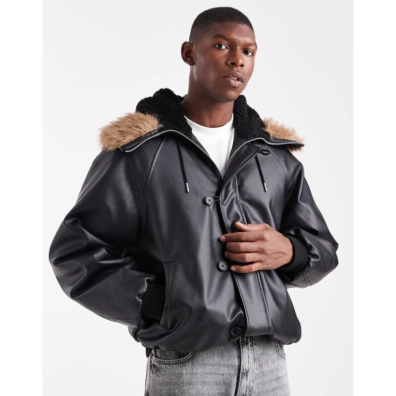 ASOS DESIGN oversized bomber jacket with faux fur hood in black