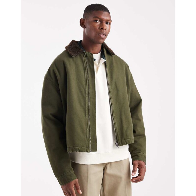ASOS DESIGN coach jacket with contrast borg collar in olive green