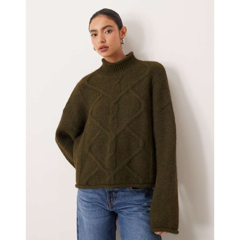ASOS DESIGN cable boxy highneck jumper in olive-Green
