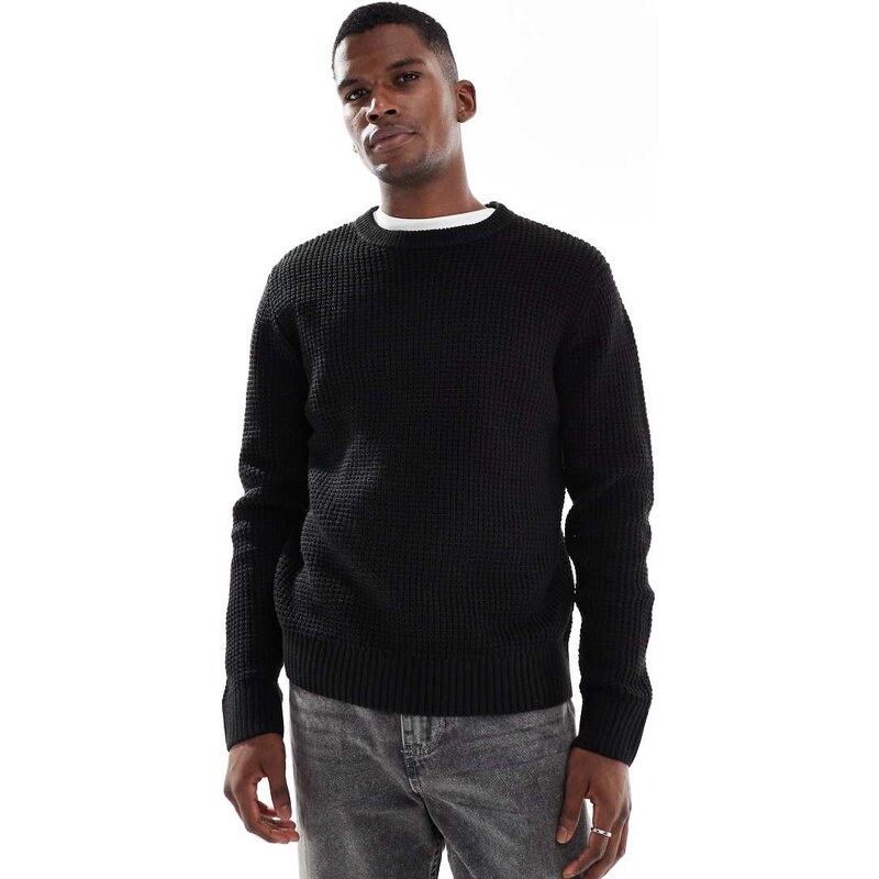 Jack & Jones waffle knit jumper in black