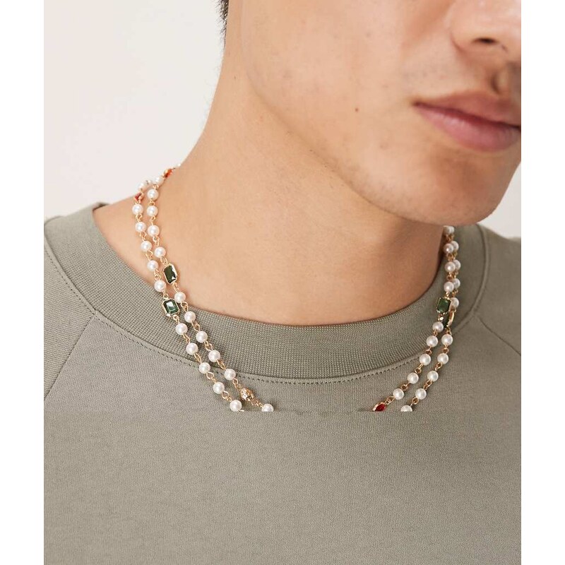 ASOS DESIGN 2 pack pearl and crystal necklace in multi 113629734