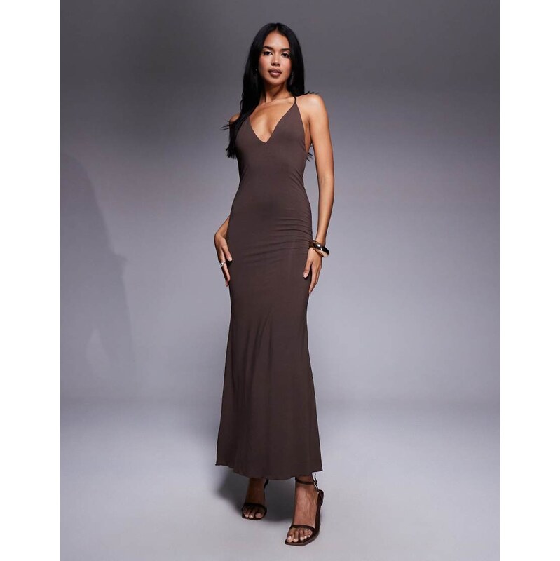 Oh Polly plunge halter neck maxi dress in chocolate brown