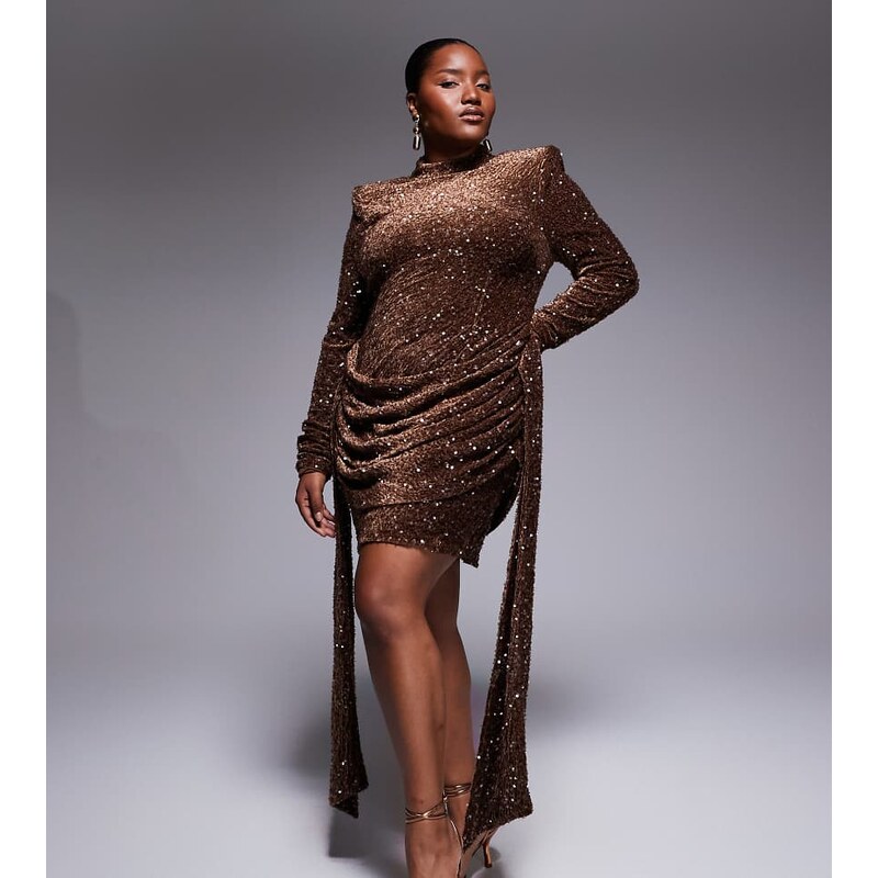 ASOS LUXE Curve velvet sequin drape side mini dress in chocolate