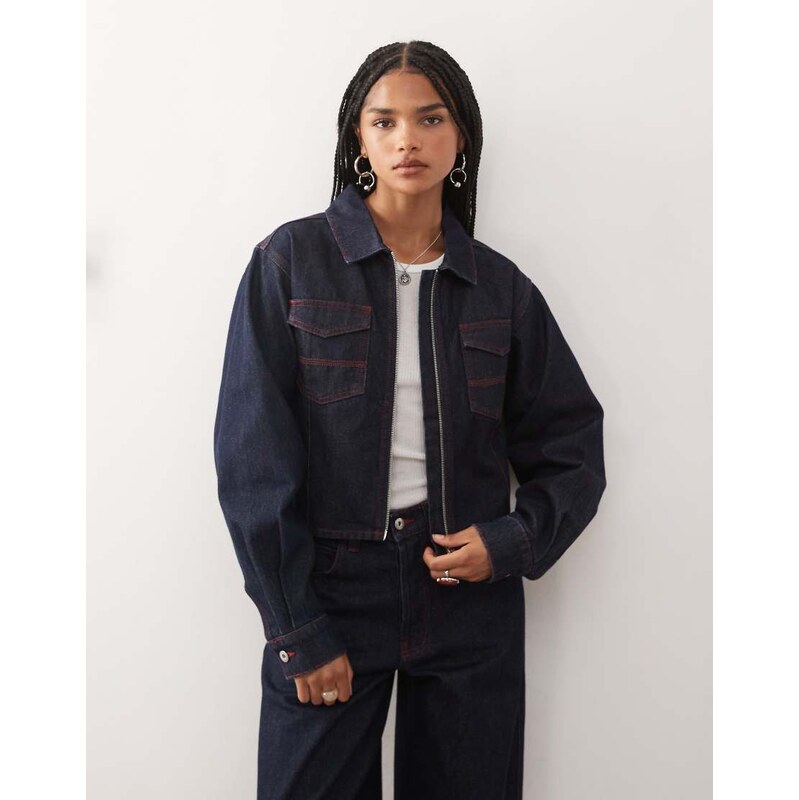 COLLUSION 90s denim fitted cinch jacket in rinse-Navy 109773707
