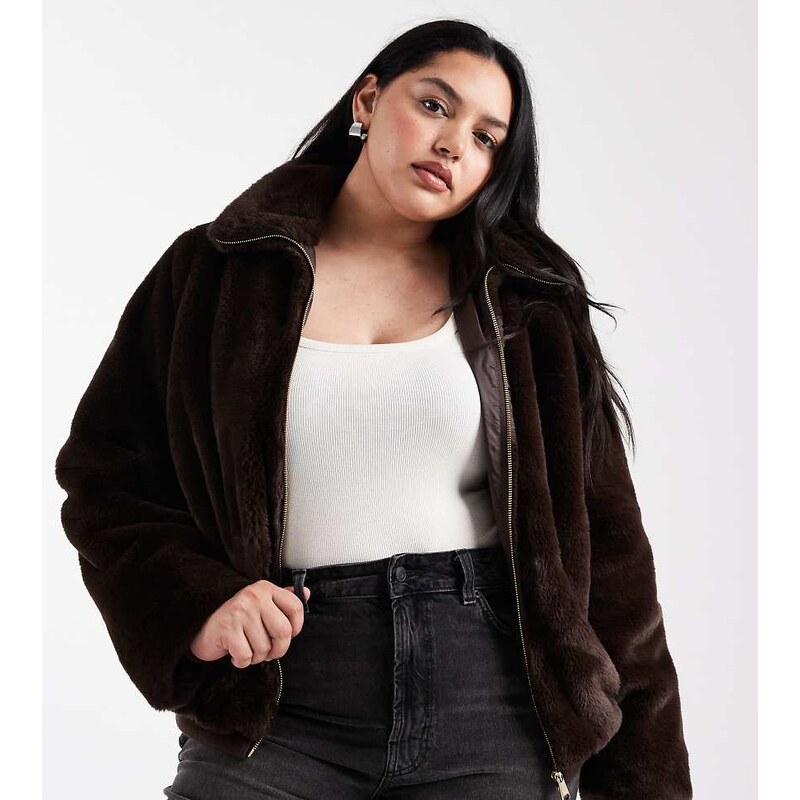 New Look Plus New Look Curve faux fur zip up jacket in brown