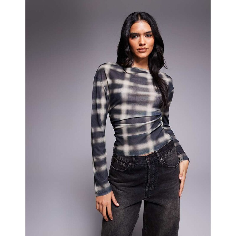 ASOS DESIGN gauzy sheer check long sleeve top in multi-Brown