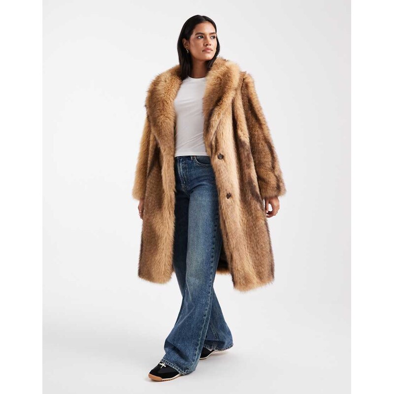 ASOS DESIGN midi faux fur coat in orange stripe-Brown