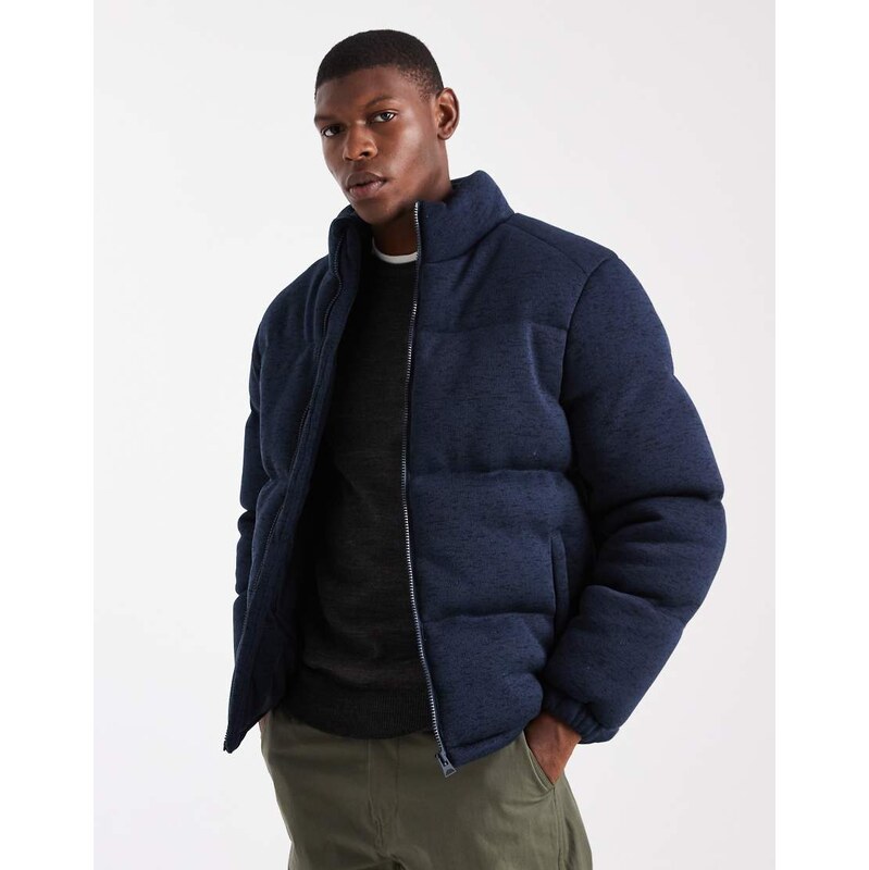 Brave Soul soft touch funnel neck zip through puffer in navy