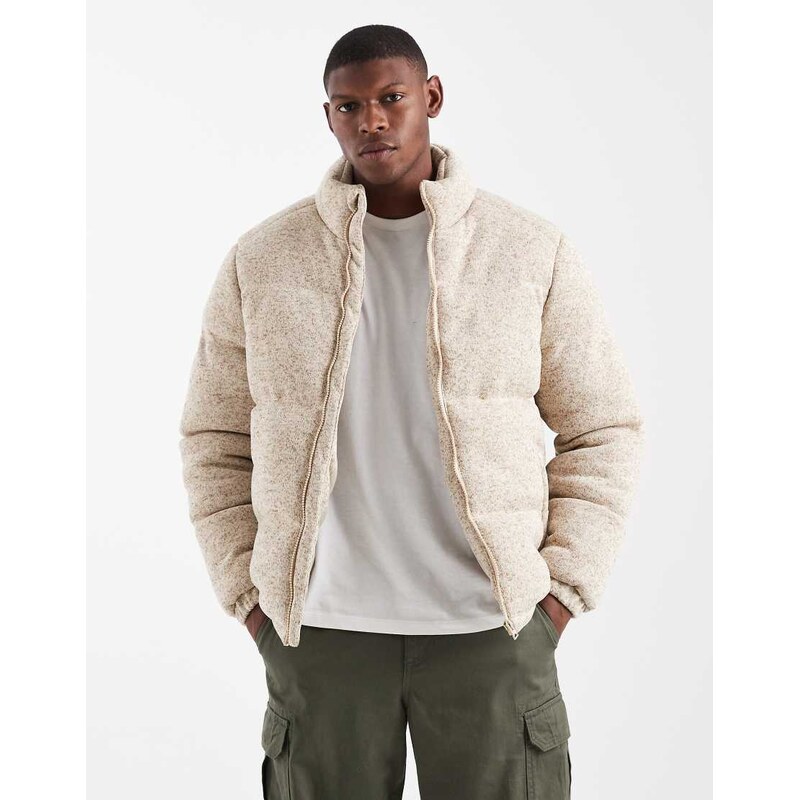 Brave Soul soft touch funnel neck zip through puffer in stone