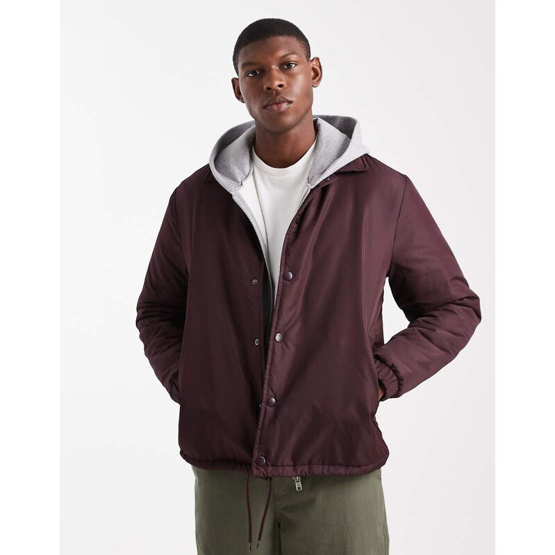 Brave Soul padded button down short jacket in burgundy-Red