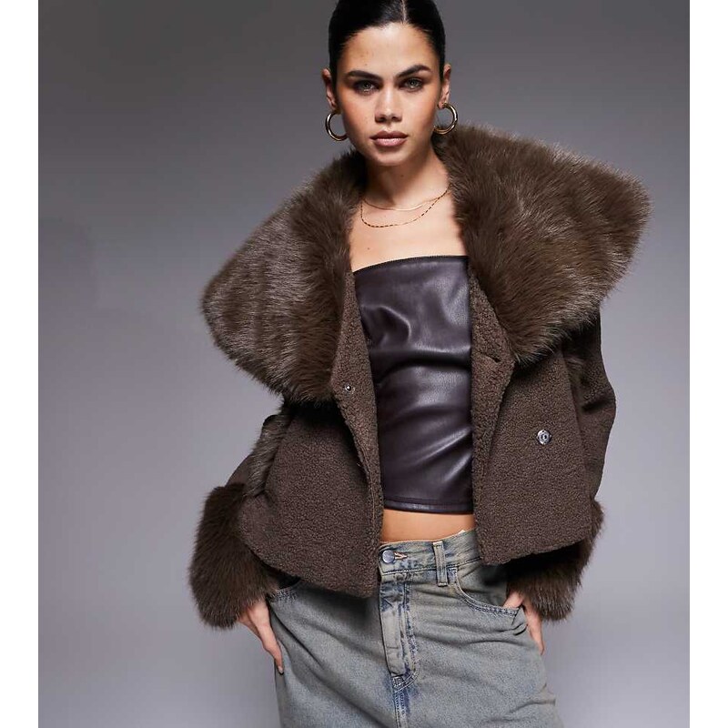 The Frolic exclusive boucle faux fur oversized collar and cuff detail 109771951