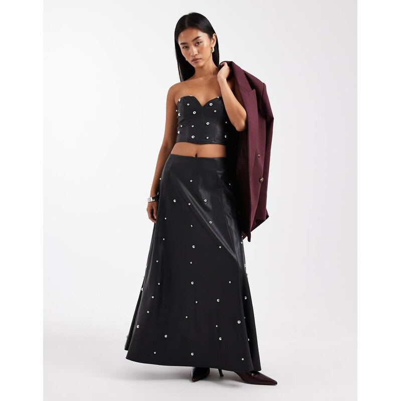 Miss Selfridge faux leather studded maxi skirt in black
