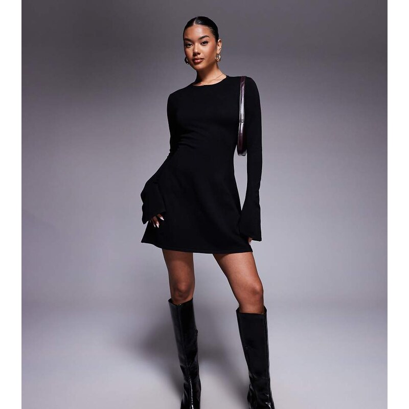 Kaiia exclusive compact knit flared sleeve mini skater dress in black 109773795