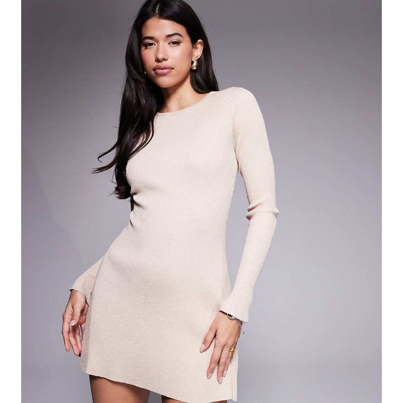 Kaiia exclusive crew neck ribbed fit and flare knitted dress in sand 109773799