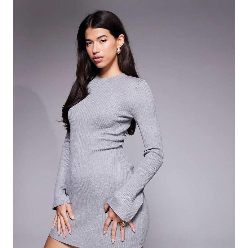 Kaiia exclusive ribbed knit flared sleeve mini jumper dress in