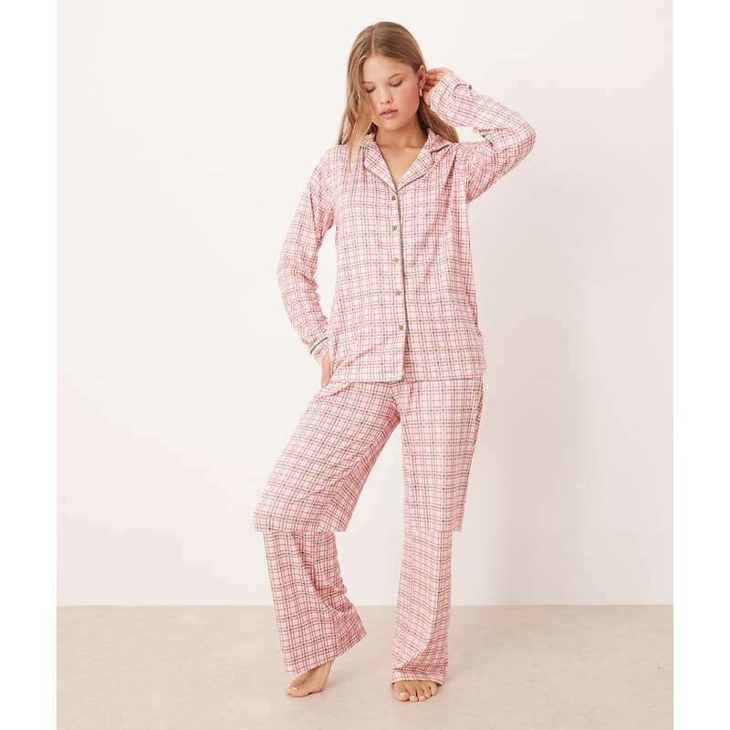 Threadbare check print long button through pyjama set in pink