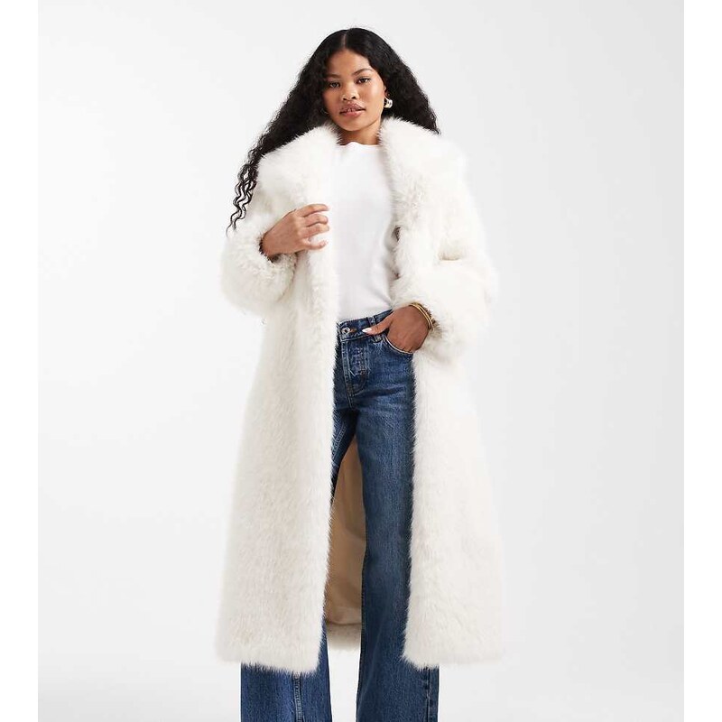 ASOS Petite ASOS DESIGN Petite longline belted faux fur coat in cream 109581038