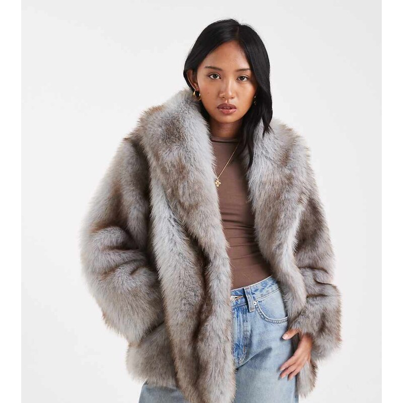 ASOS Petite ASOS DESIGN Petite tipped faux fur coat in blue and brown 109588937