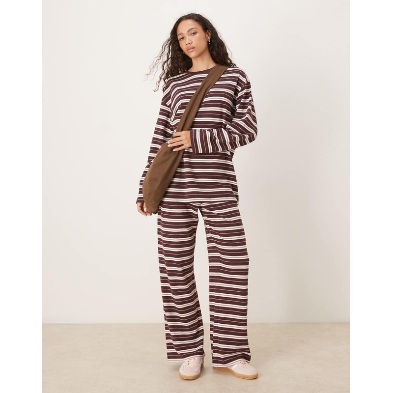 ASOS DESIGN co-ord textured stripe wide sleeve top in choc & cream-Multi