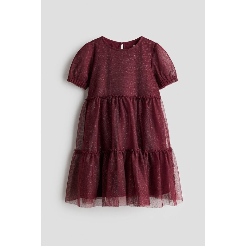 H&M - Tylové šatys fóliovým potiskem - Tmavě Červená