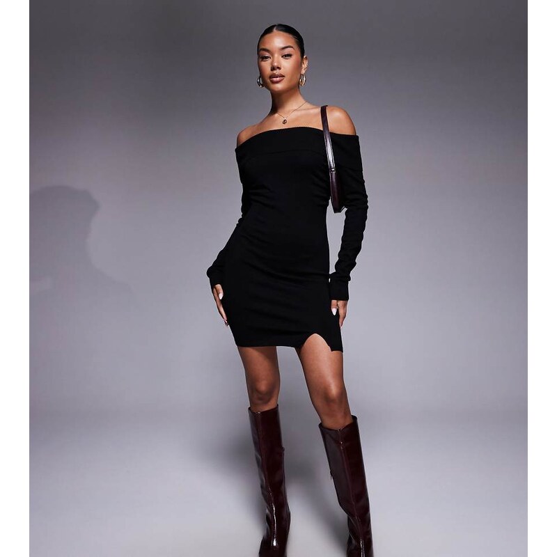 Kaiia exclusive ribbed bardot knitted side split mini dress in black 109773796