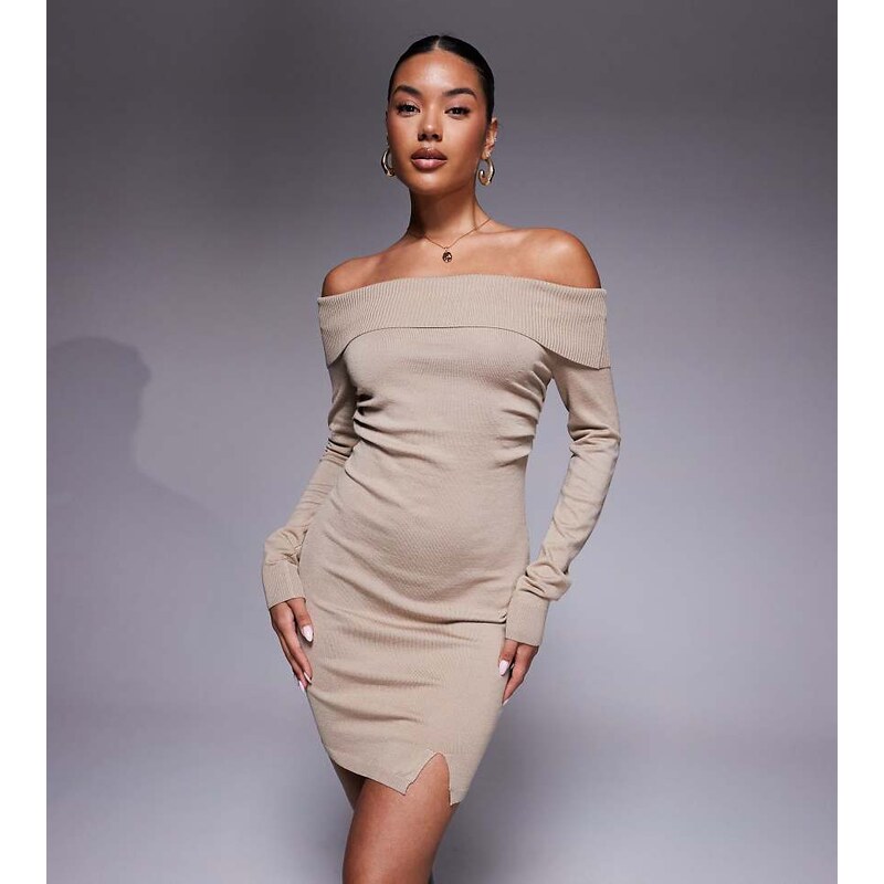Kaiia exclusive ribbed trim foldover bardot knitted side split mini 109773798