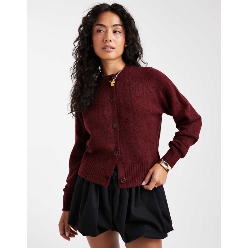 Threadbare crew neck button through cardigan in burgundy-Red