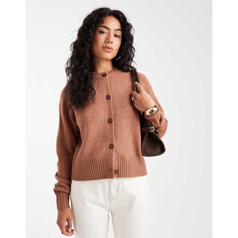 Threadbare crew neck button through cardigan in mocha mousse
