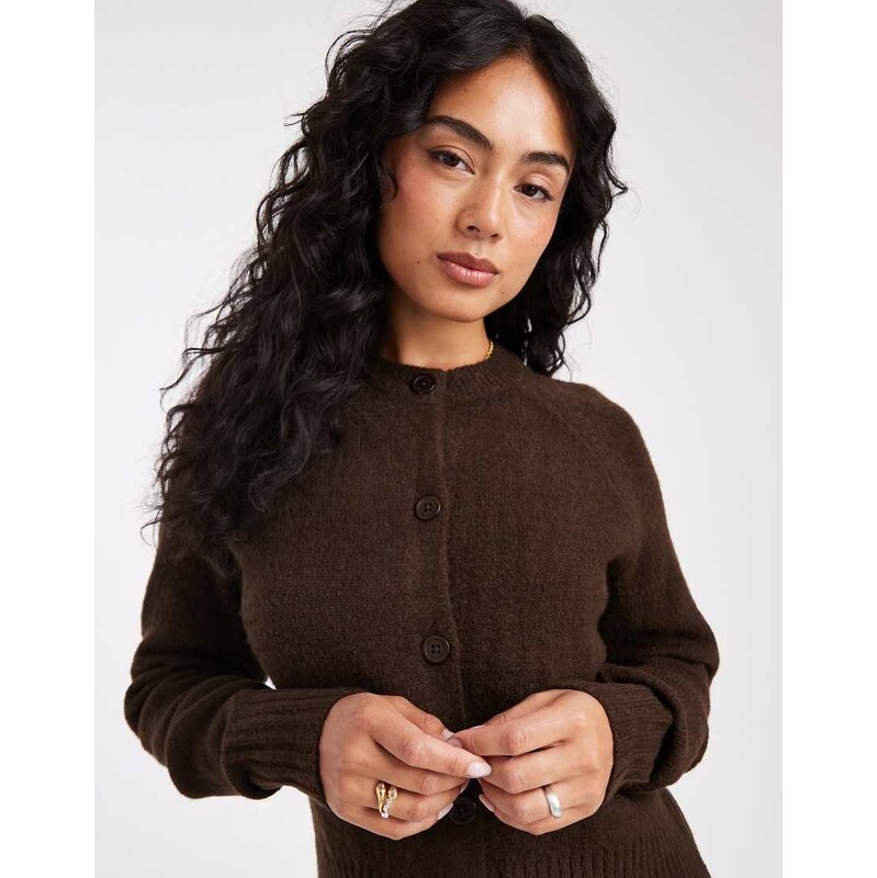 Threadbare crew neck button through cardigan in chocolate brown
