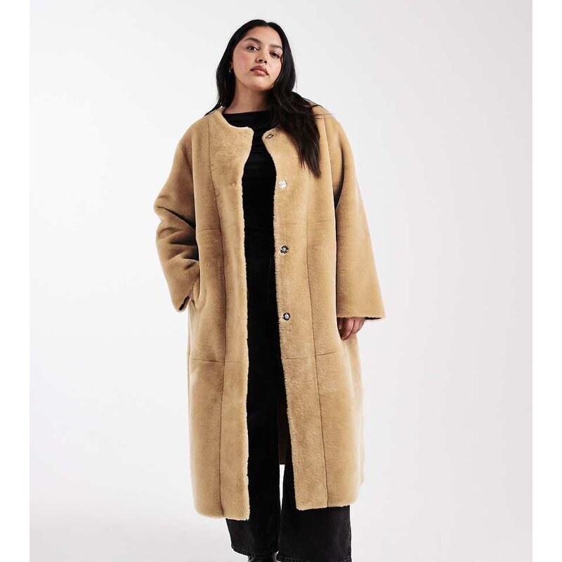 ASOS Curve ASOS DESIGN Curve collarless bonded fur coat in biscuit 109588845