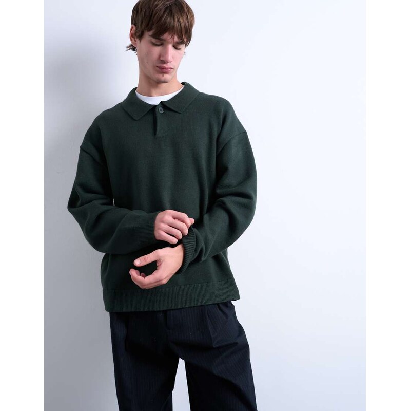 Topman knitted smart polo jumper in dark green