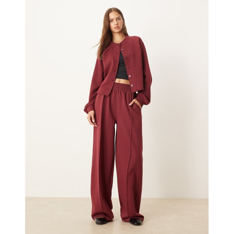 ASOS DESIGN interlock wide leg trouser in burgundy-Red