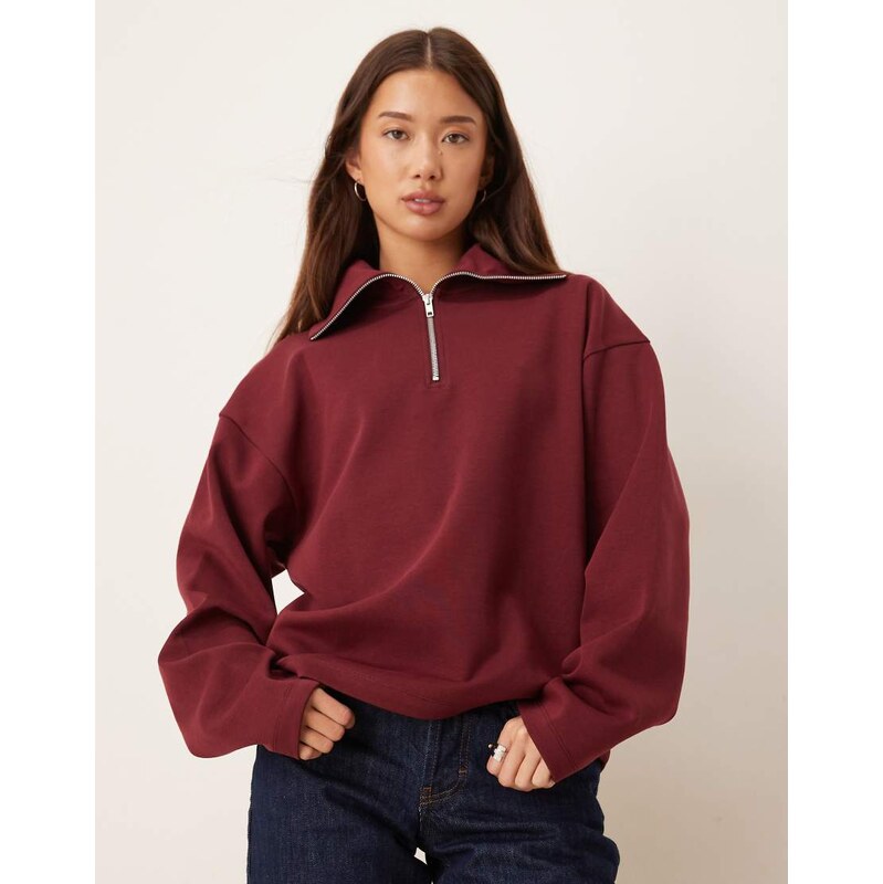 ASOS DESIGN interlock half zip sweatshirt in burgundy-Red