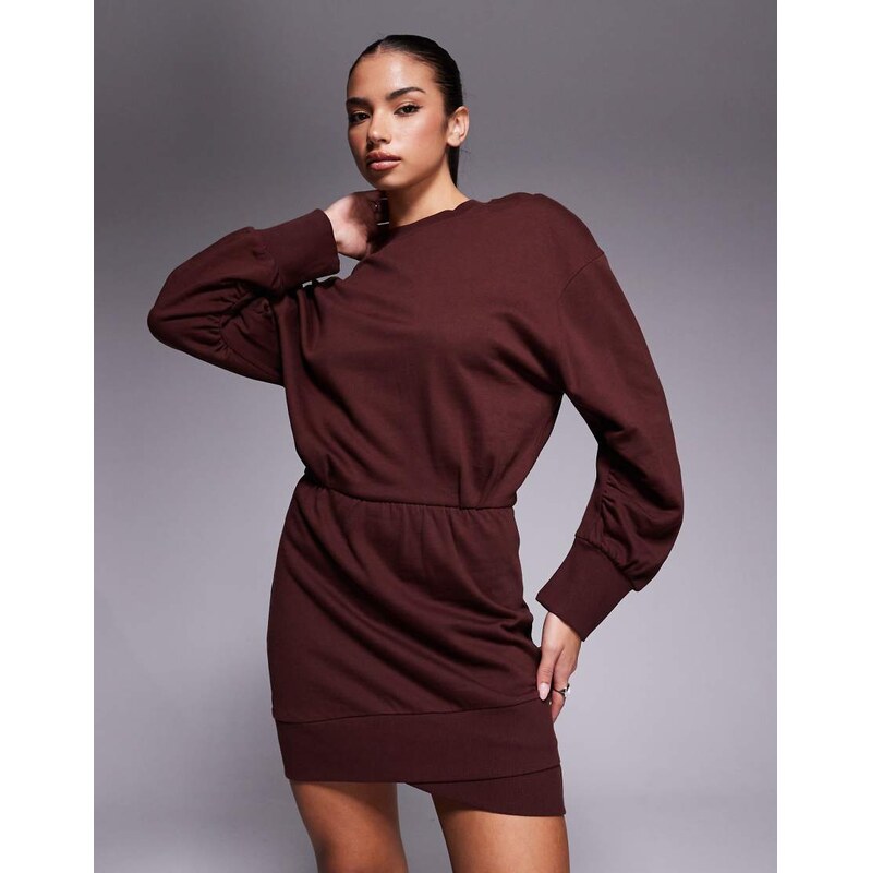 ASOS DESIGN cotton wrap over mini sweat dress in chocolate-Brown
