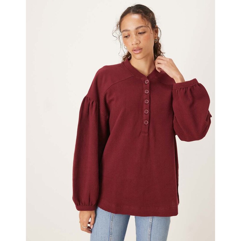 ASOS DESIGN long sleeve waffle henley with puff sleeve detail in