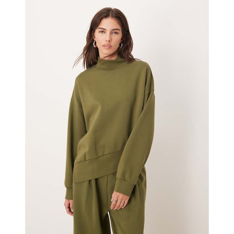 ASOS DESIGN interlock funnel neck sweatshirt with asym hem in khaki 109588953