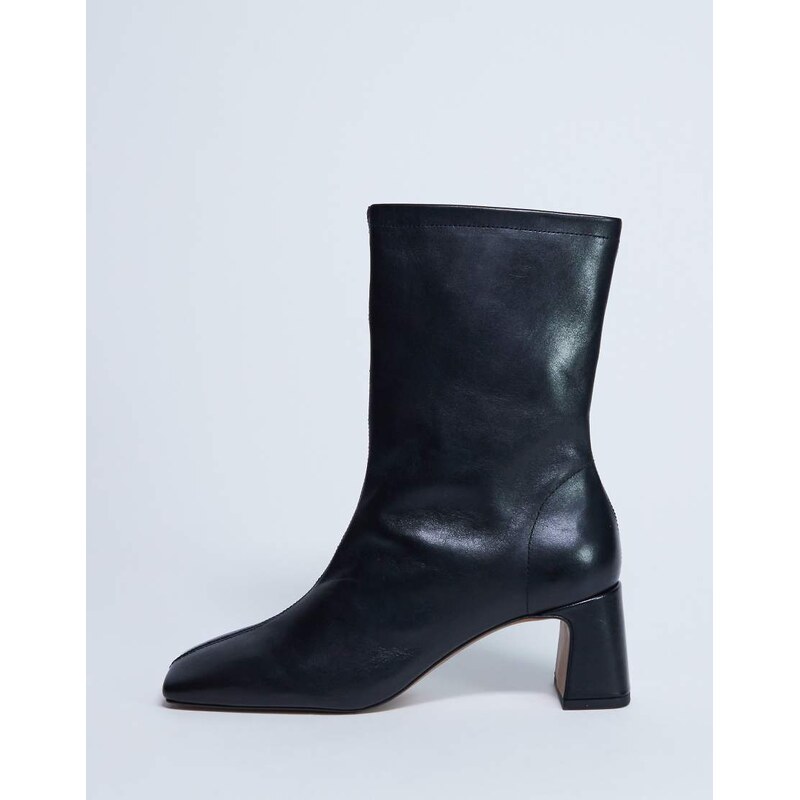 Topshop Sara Premium leather square toe flared heel boot in